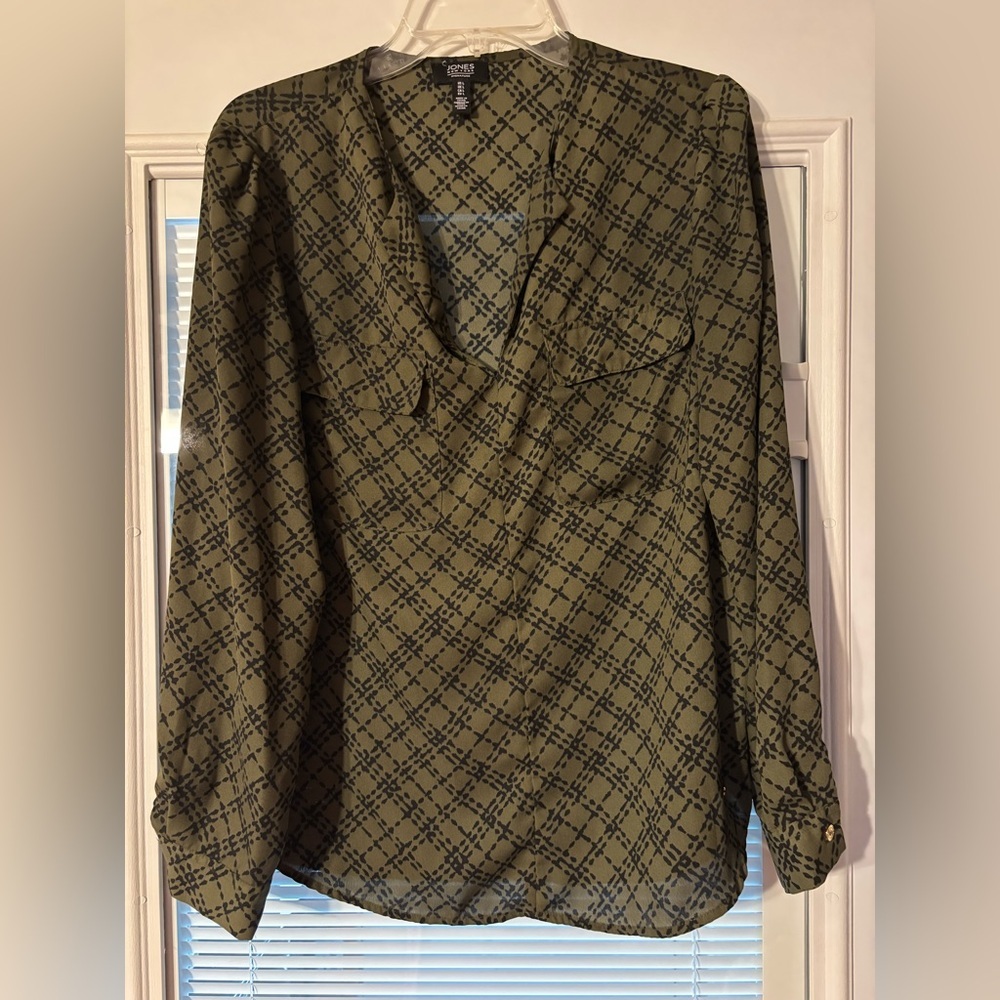 Jones New York Olive Plaid Blouse
